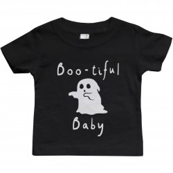 Boo-tiful Baby with Cute little Ghost T-shirt Halloween Black Round Neck shirt