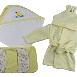 Yellow Infant Robe, Yellow Hooded Towel, Washcloths And Hand Washcloth Mitt - 7 Pc Set