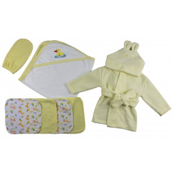 Yellow Infant Robe, Yellow Hooded Towel, Washcloths And Hand Washcloth Mitt - 7 Pc Set
